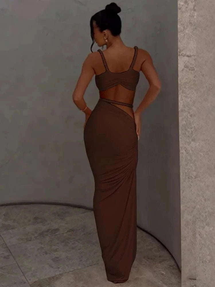Pleated Crop Top and High Waist Maxi Skirt Two Piece Set-Coffee / M