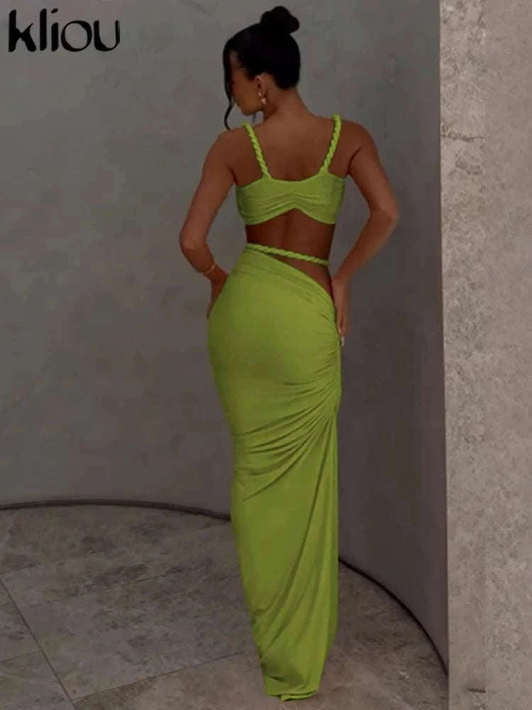 Pleated Crop Top and High Waist Maxi Skirt Two Piece Set-Coffee / M