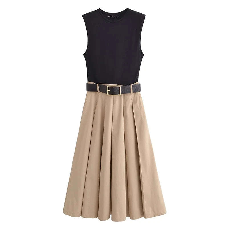 Pleated Midi Dress with Belt – Elegant Summer Sundress-Sleeveless Dress / M / CHINA