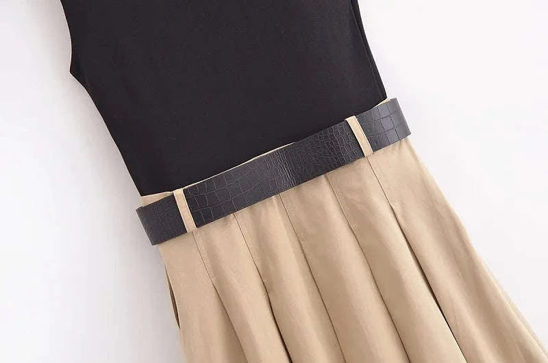 Pleated Midi Dress with Belt – Elegant Summer Sundress-Sleeveless Dress / M / CHINA