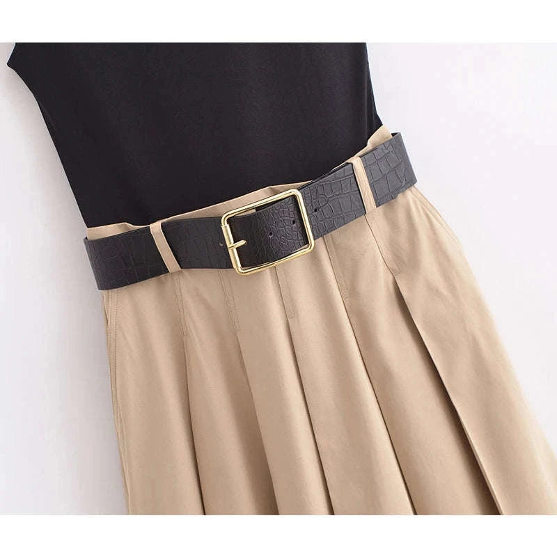 Pleated Midi Dress with Belt – Elegant Summer Sundress-Sleeveless Dress / M / CHINA