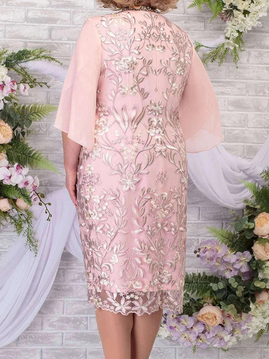 Plus Size Floral Embroidery Bodycon Dress for Wedding Guests & Parties-Pink / 3XL