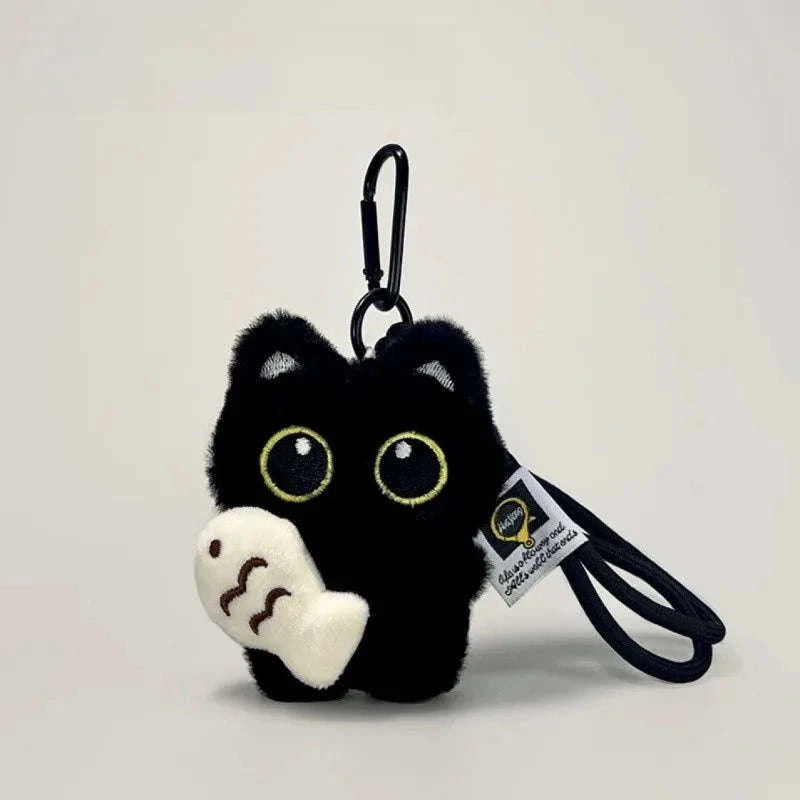 Plush Black Cat Keychain Doll Charm-WHITE