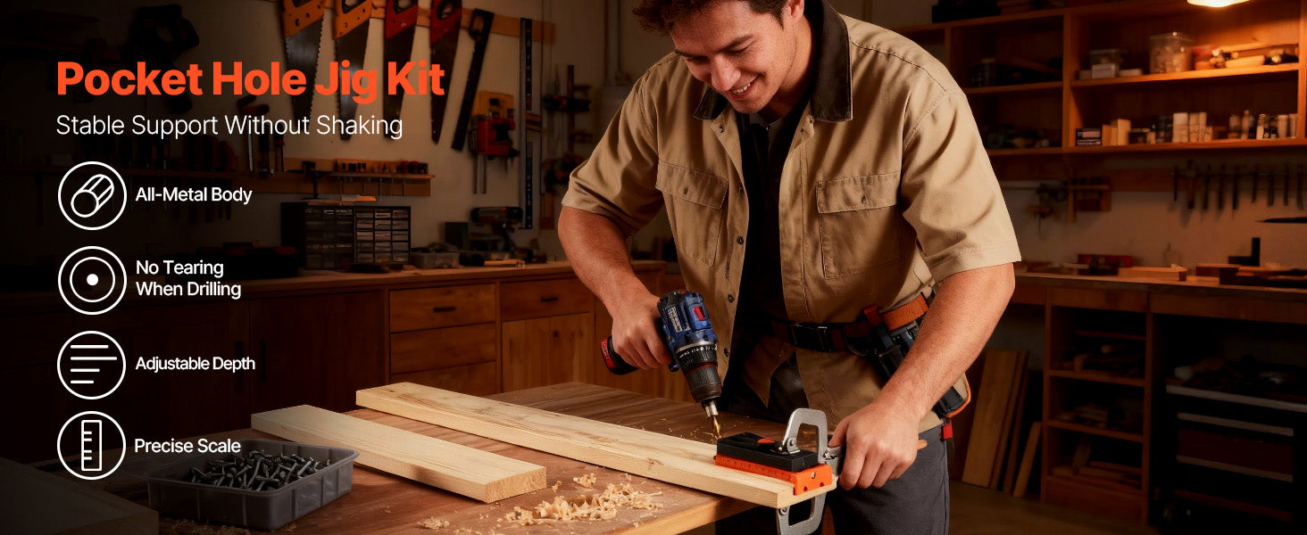 Adjustable Pocket Hole Jig Kit 1/2–1-1/2 in for Woodworking