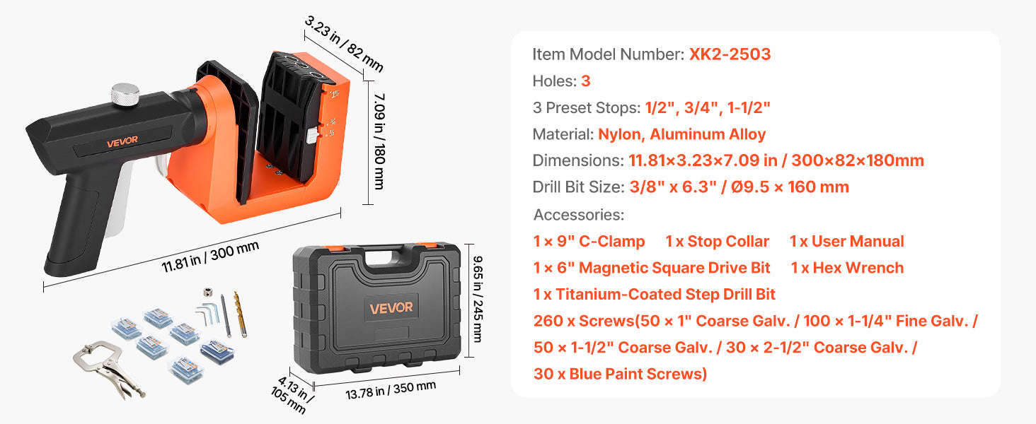 Pocket Hole Jig Kit Adjustable 360° Rotating Handle with 260 Screws-Pocket Hole Jig / United States