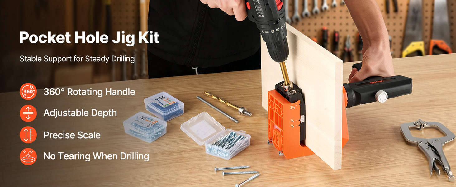 Pocket Hole Jig Kit Adjustable 360° Rotating Handle with 260 Screws-Pocket Hole Jig / United States