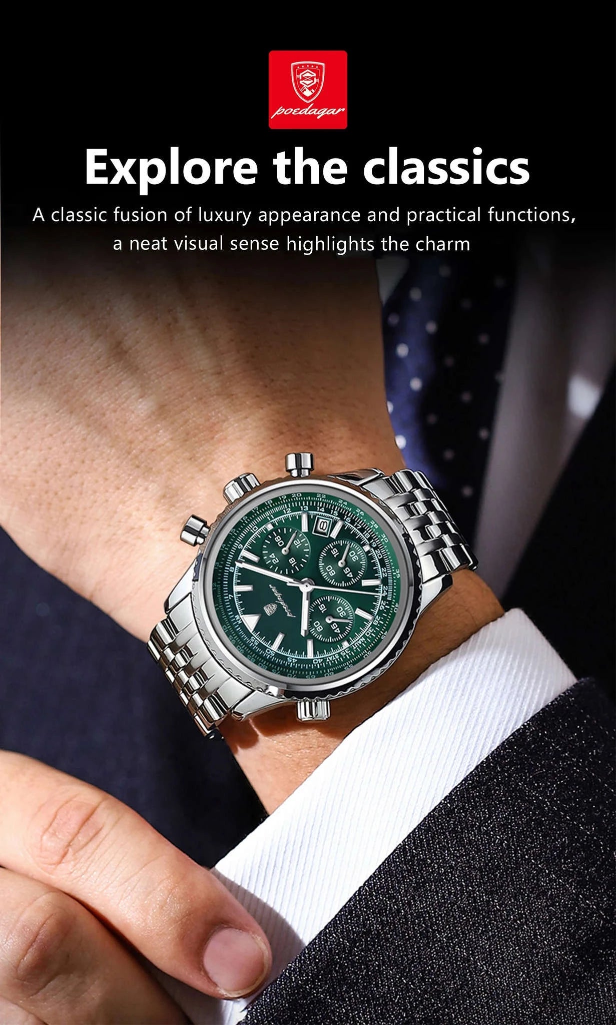 POEDAGAR Luxury Chronograph Watch for Men-960 Silver Blue