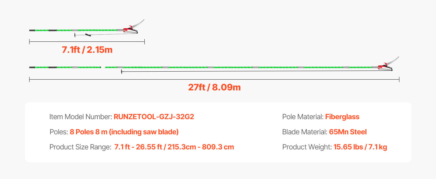 SucceBuy manuálny pílka na stĺp Pole Saw 3,87–27 ft Rozšíriteľná vetvička Pruner ostrý 65Mn oceľový list Sklenená sklenená násada na tyč pre strihanie vysokých konárov