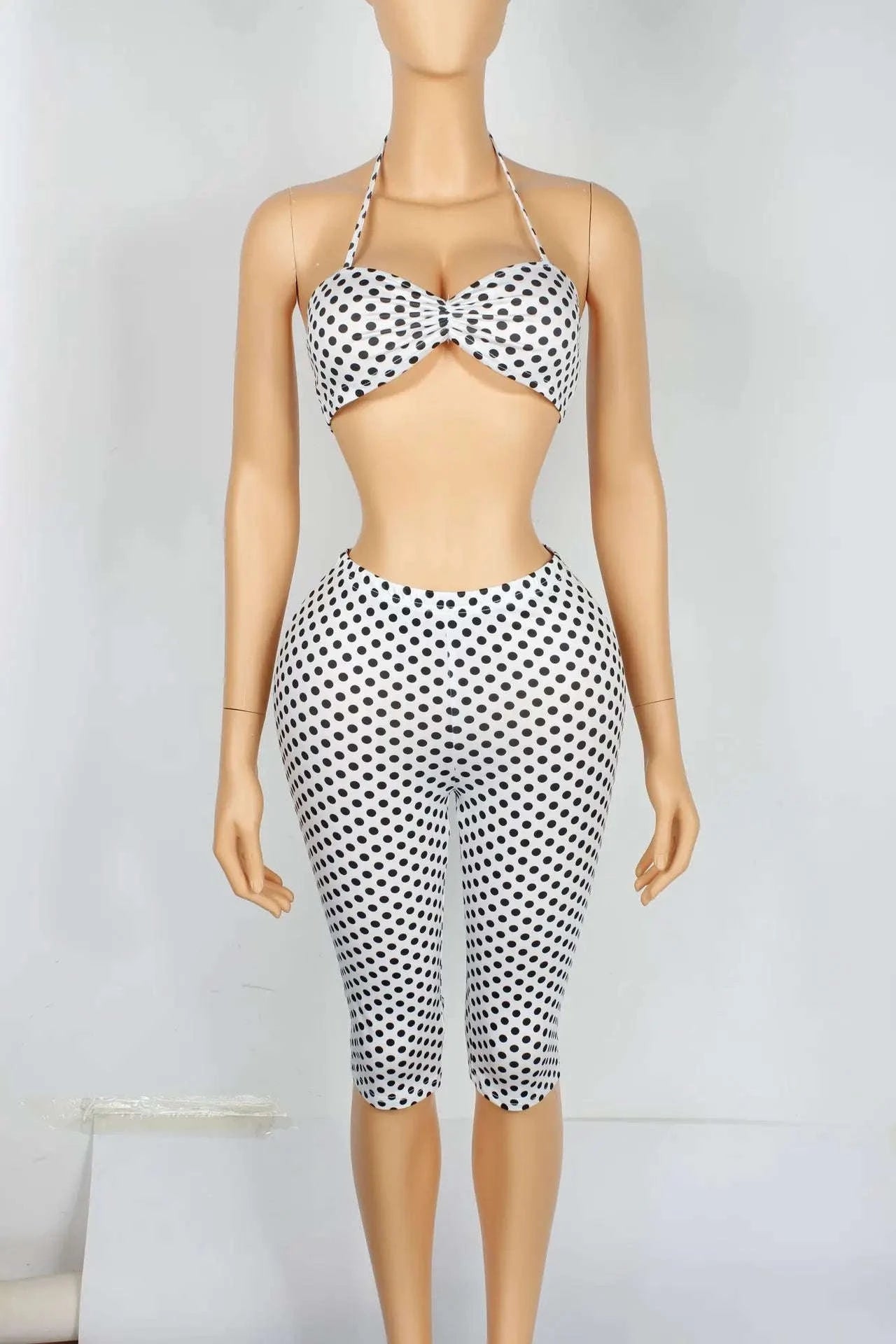 Polka Dot Halter Tank and Biker Shorts Matching Set for Women-WHITE / L
