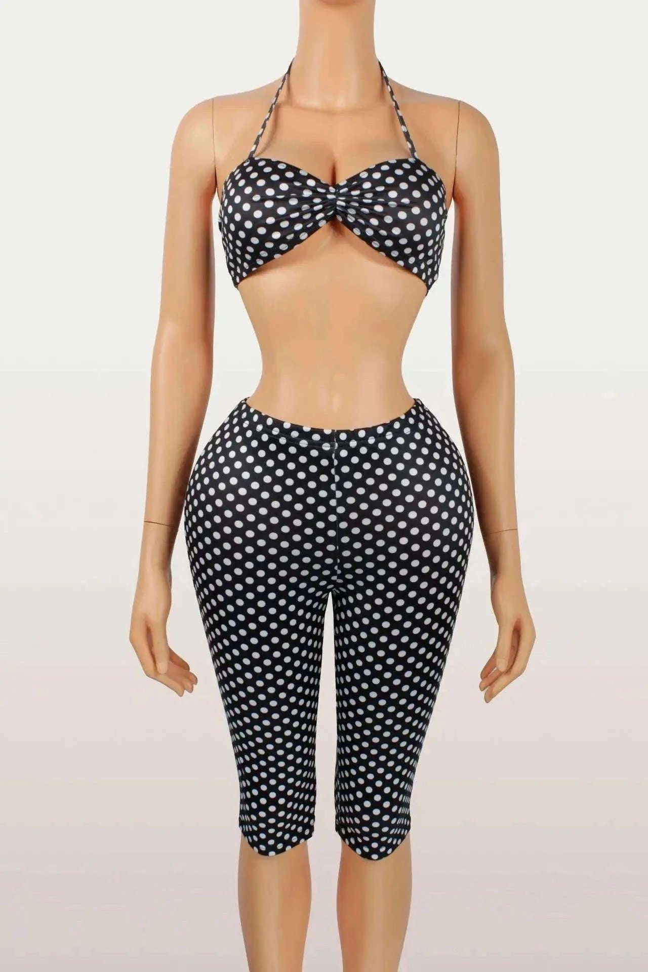 Polka Dot Halter Tank and Biker Shorts Matching Set for Women-WHITE / L