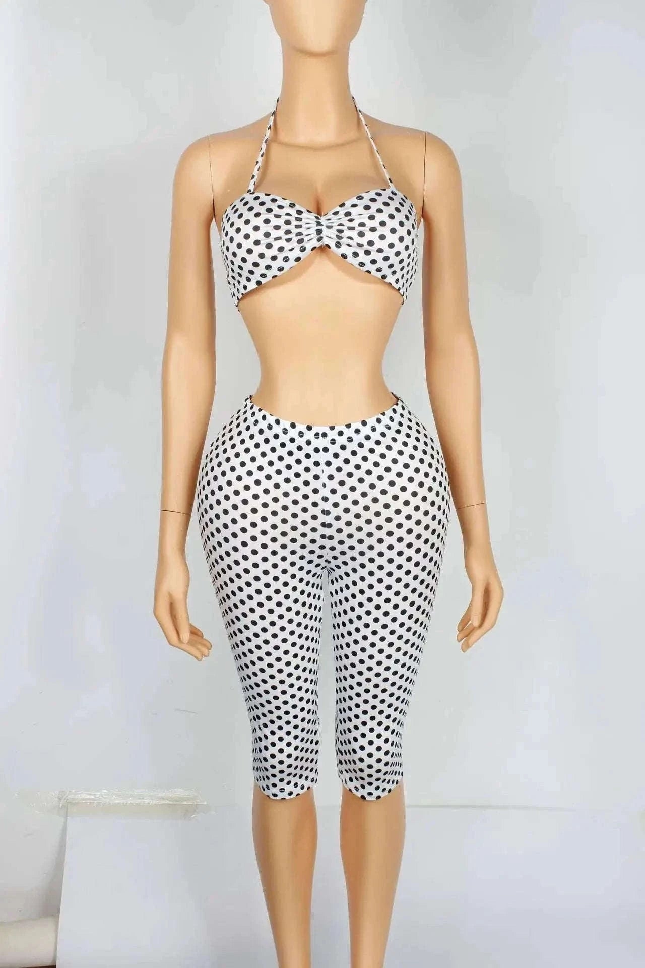 Polka Dot Halter Tank and Biker Shorts Matching Set for Women-WHITE / L
