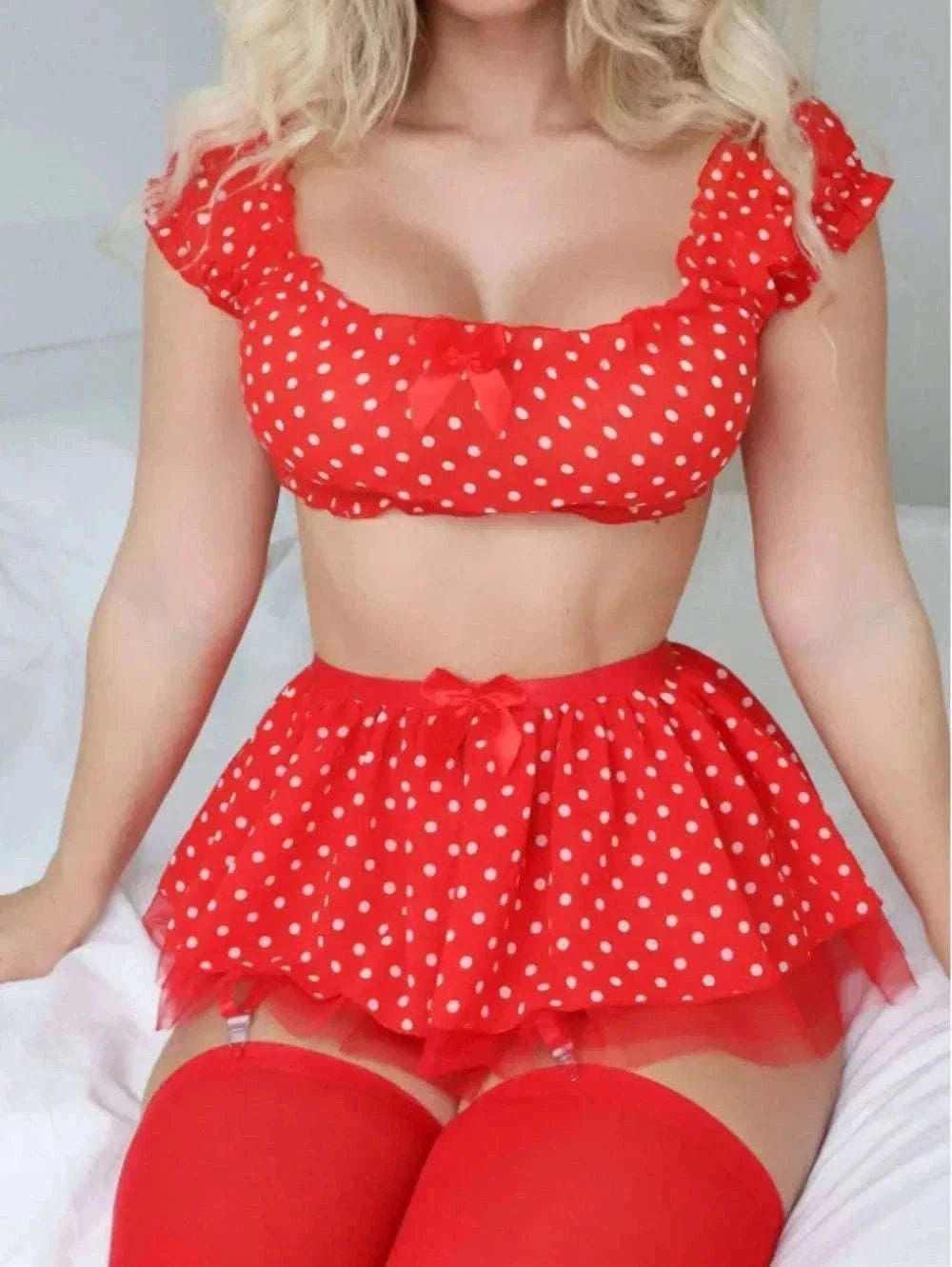 Polka Dot Lingerie Set with Garter Straps & Puffy Mini Skirt-red / M