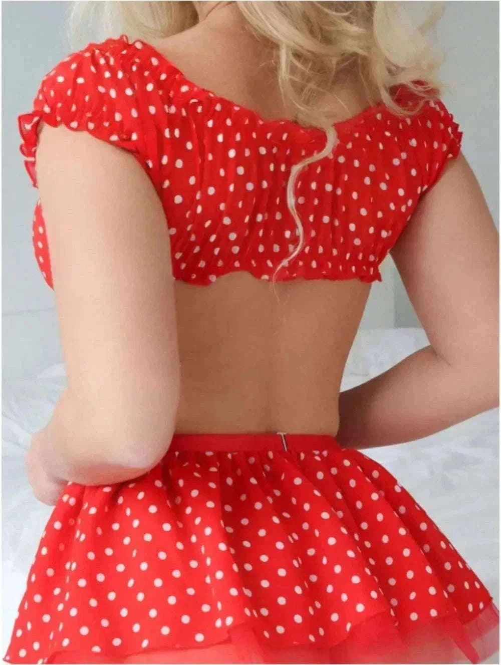 Polka Dot Lingerie Set with Garter Straps & Puffy Mini Skirt-red / M
