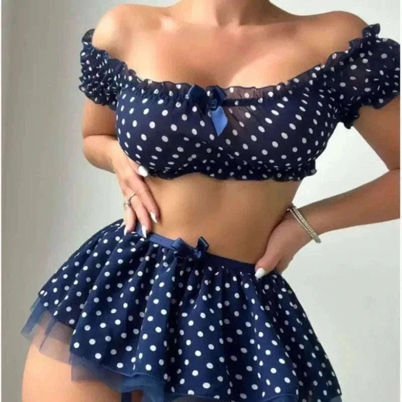 Polka Dot Lingerie Set with Garter Straps & Puffy Mini Skirt-red / M
