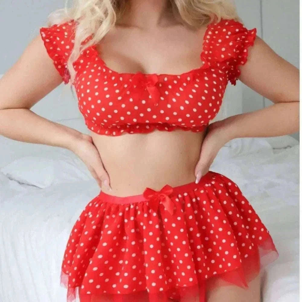 Polka Dot Lingerie Set with Garter Straps & Puffy Mini Skirt-red / M