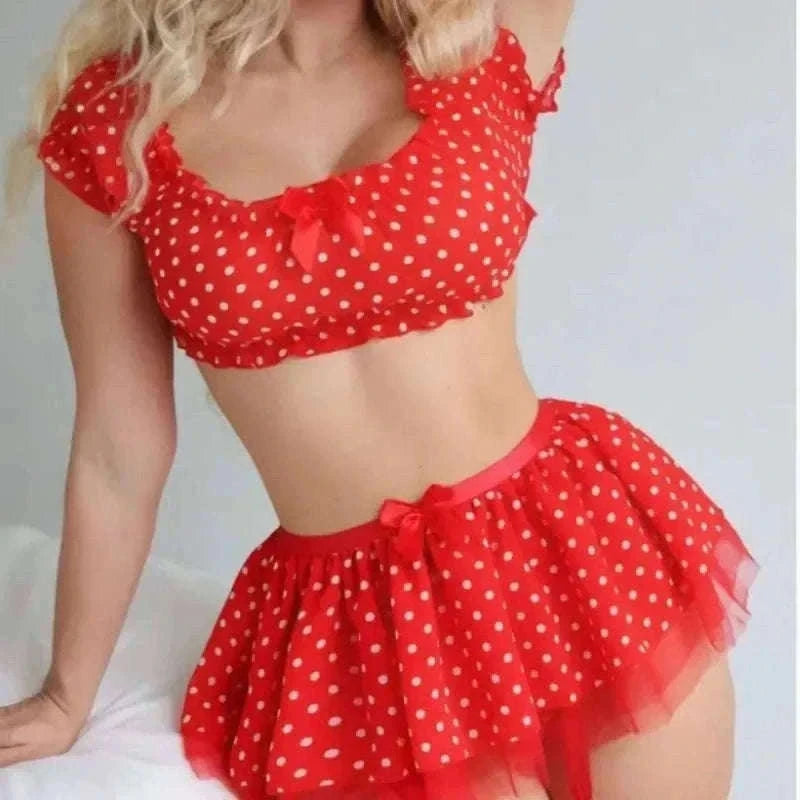 Polka Dot Lingerie Set with Garter Straps & Puffy Mini Skirt-red / M
