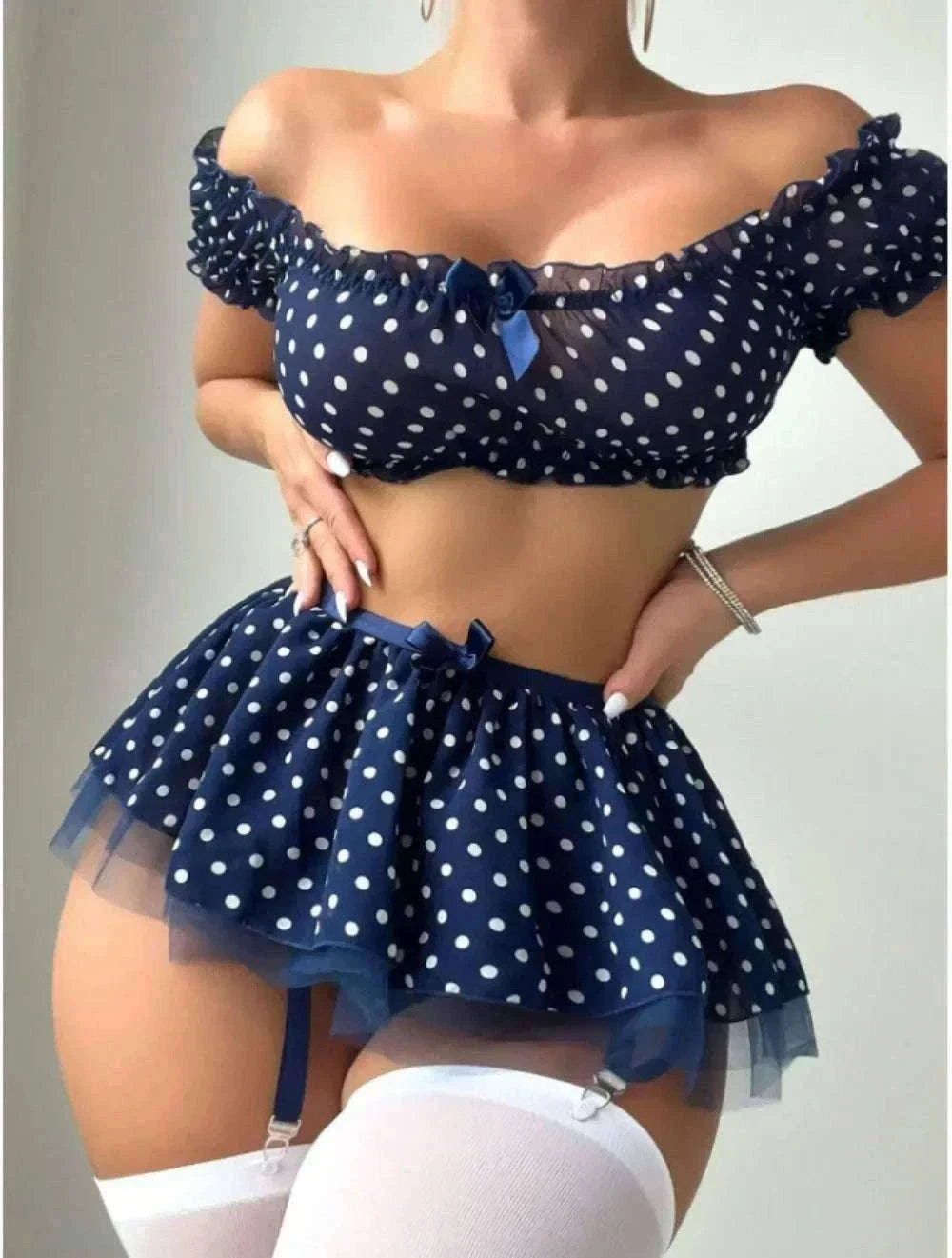 Polka Dot Lingerie Set with Garter Straps & Puffy Mini Skirt-red / M