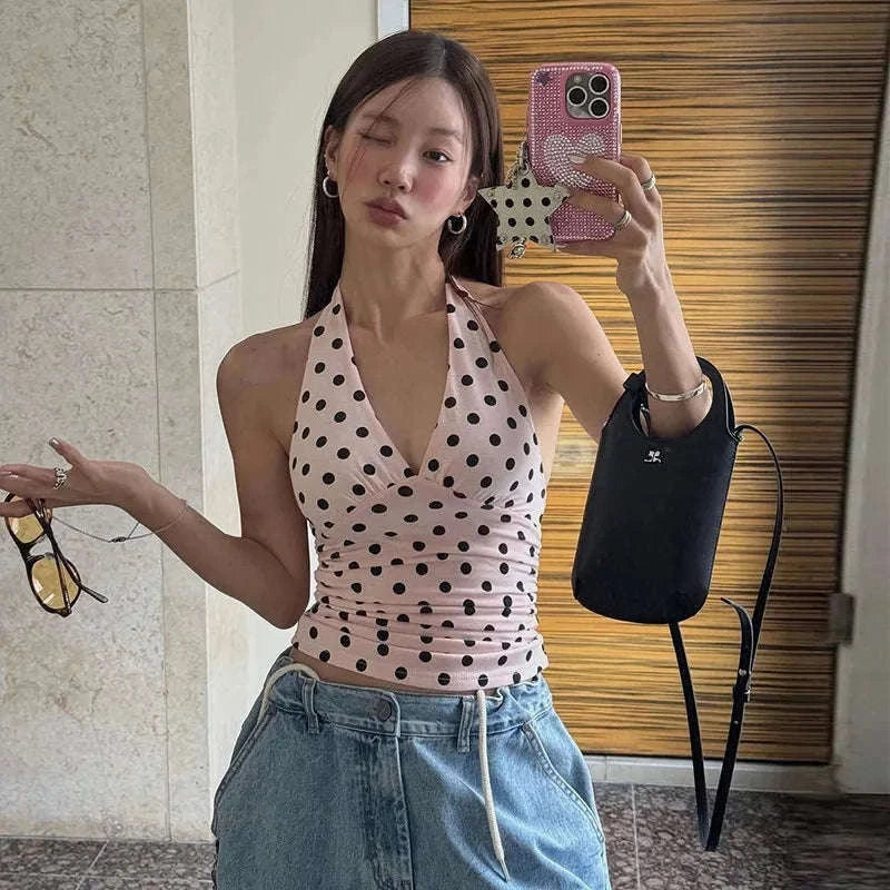 Polka Dot Off-Shoulder Ruched Tank Top Backless Summer Party Style-Beige / M