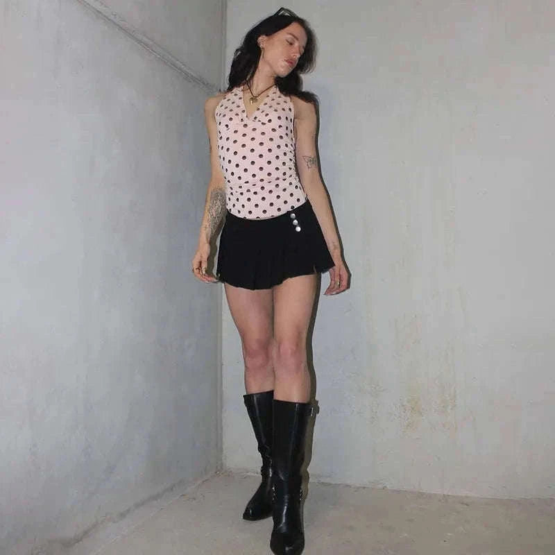 Polka Dot Off-Shoulder Ruched Tank Top Backless Summer Party Style-Beige / M