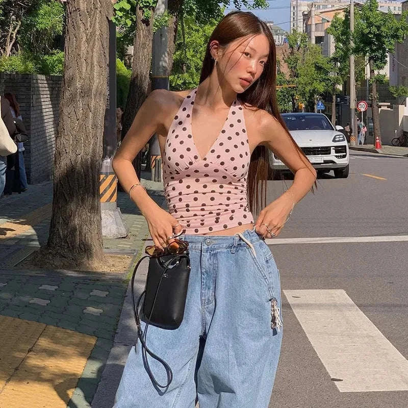 Polka Dot Off-Shoulder Ruched Tank Top Backless Summer Party Style-Beige / M