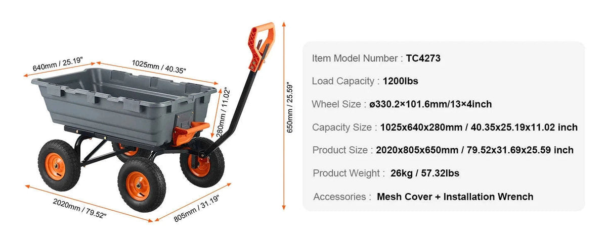 Poly Garden Dump Cart with Steel Frame and 2-in-1 Convertible Handle-1500lbs / france