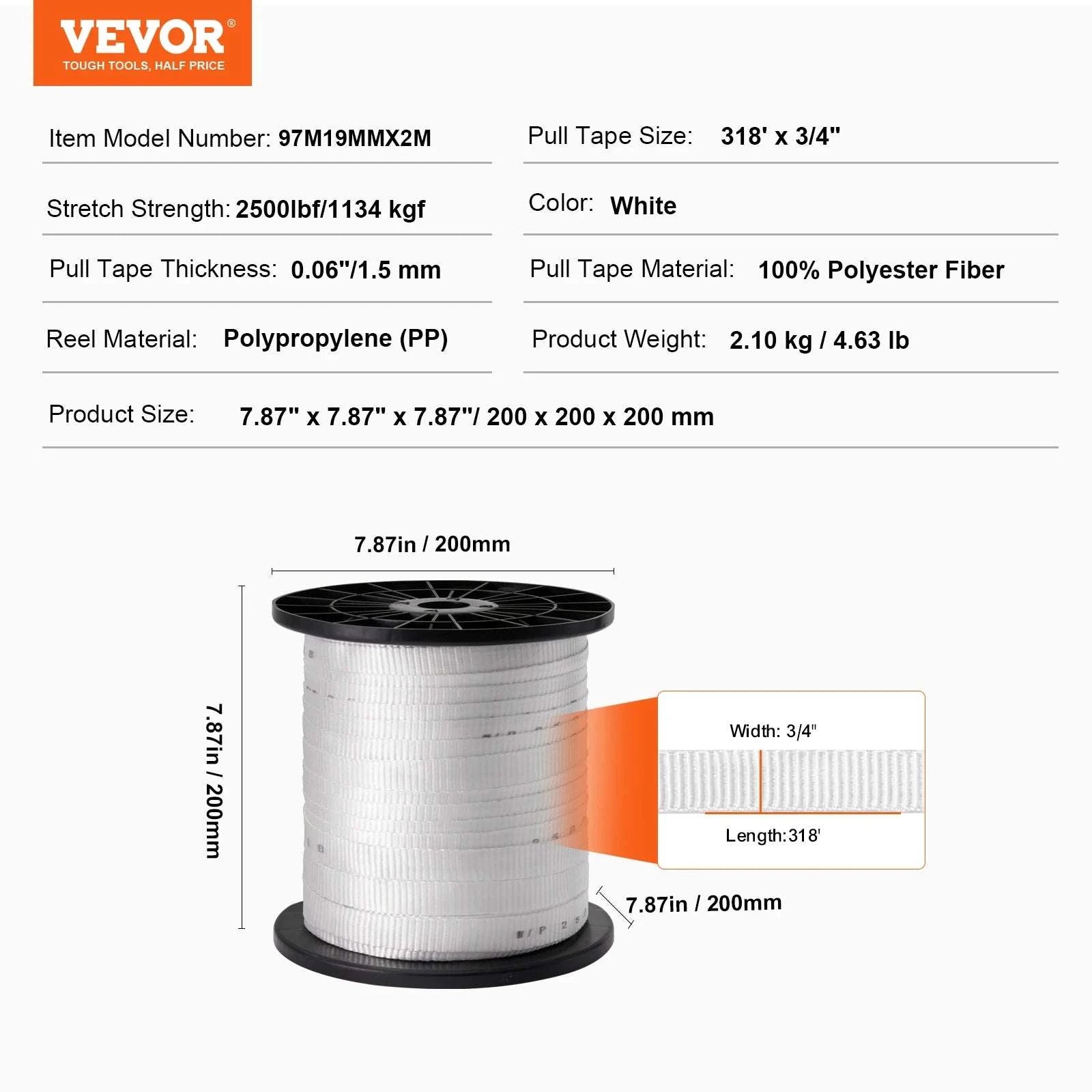 Polyester Pull Tape Flat Rope for Cable Pulling and Conduit Work-97mx19mm / UNITED KINGDOM