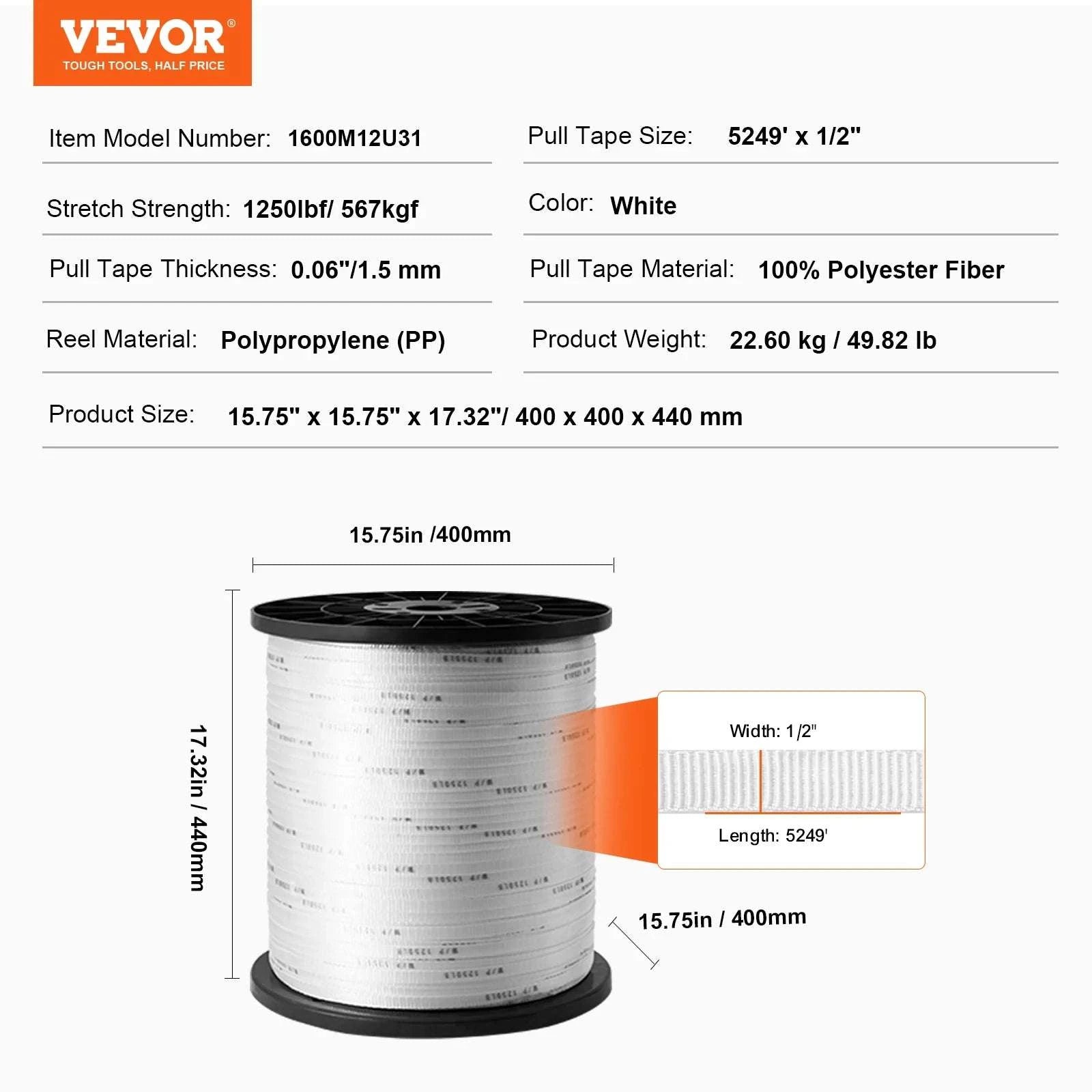 Polyester Pull Tape Flat Rope for Cable Pulling and Conduit Work-97mx19mm / UNITED KINGDOM