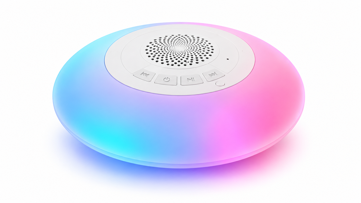 Floating RGB pool speaker on white background