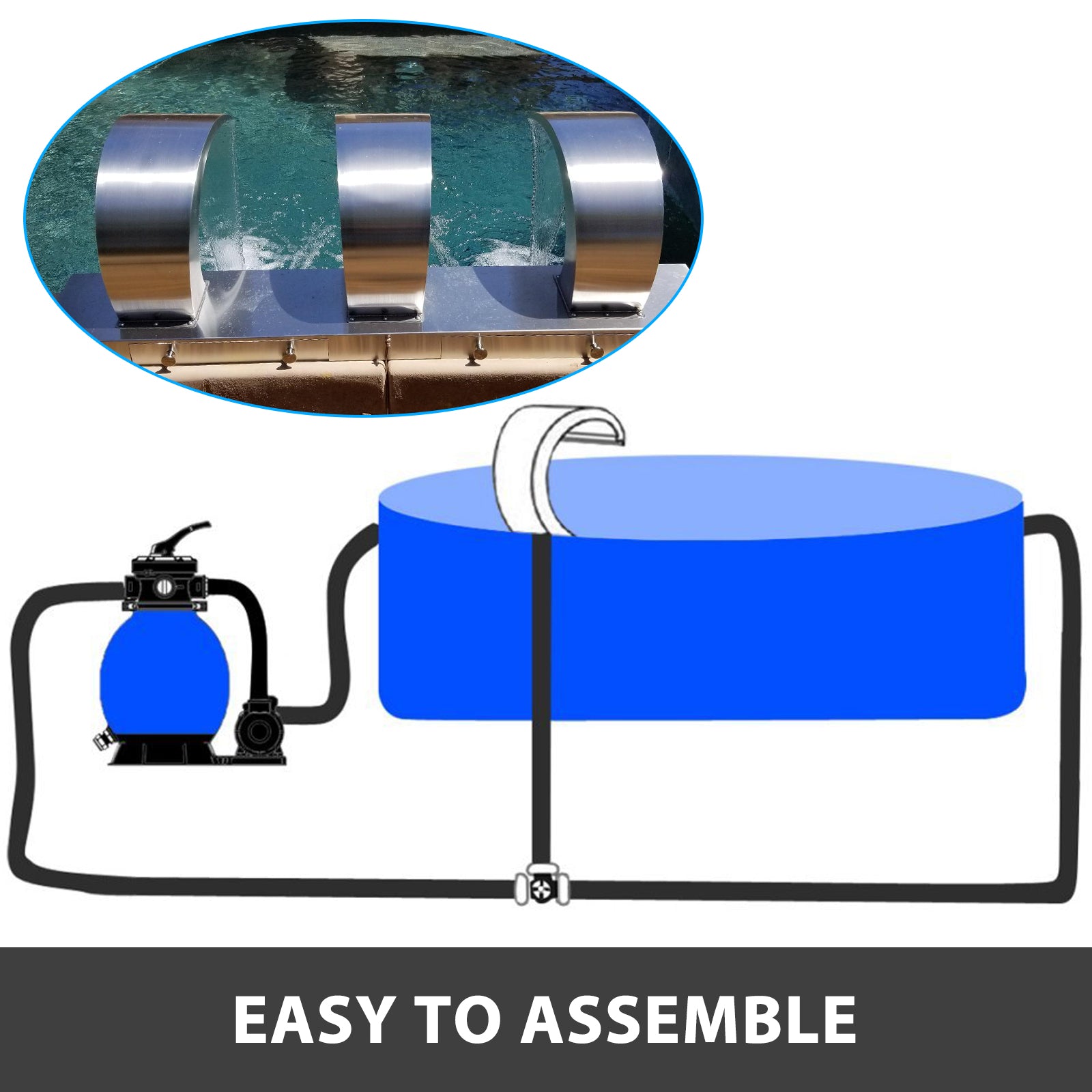 SucceBuy 60x30/40x20 cm Pool Fountain Waterfall Stainless Steel Fountain Pond Garden Swimming Feature Decorative Hardware Faucet
