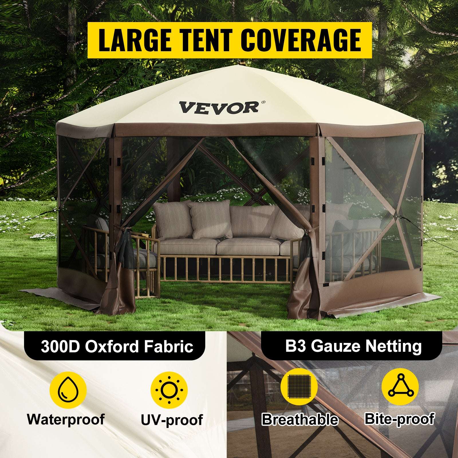 Pop-Up 6-Sided Camping Gazebo Tent with Screen & Wind Panels-12x12ft / france
