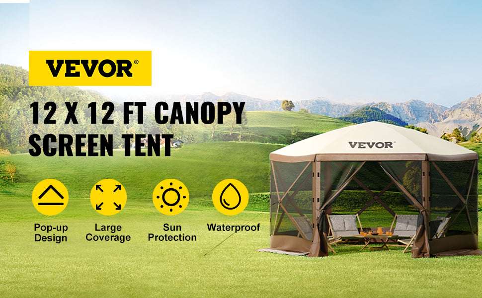 Pop-Up 6-Sided Camping Gazebo Tent with Screen & Wind Panels-12x12ft / france