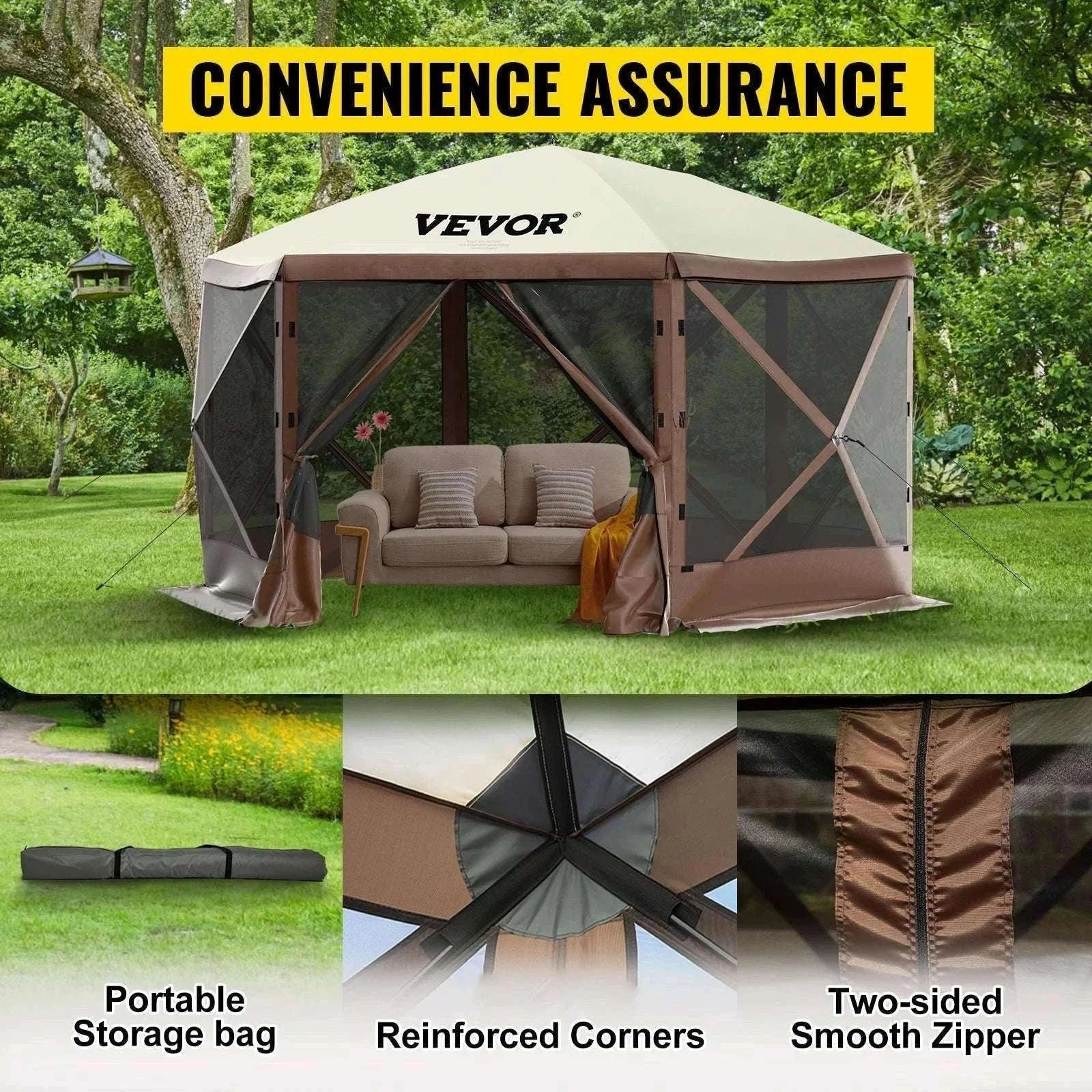 Pop-Up 6-Sided Camping Gazebo Tent with Screen & Wind Panels-12x12ft / france