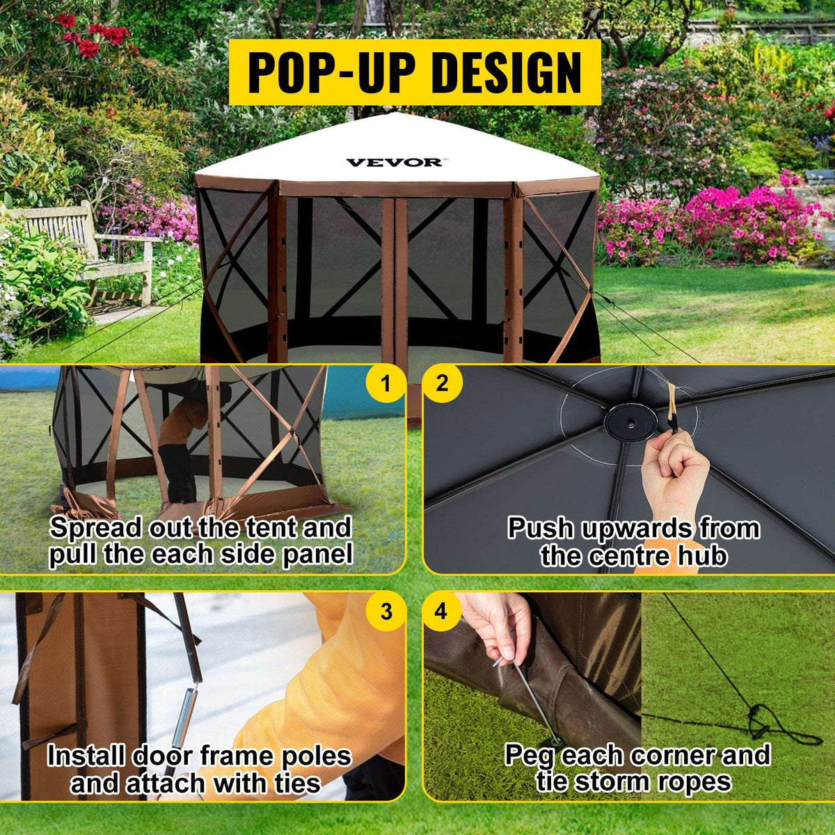 Pop-Up 6-Sided Camping Gazebo Tent with Screen & Wind Panels-12x12ft / france