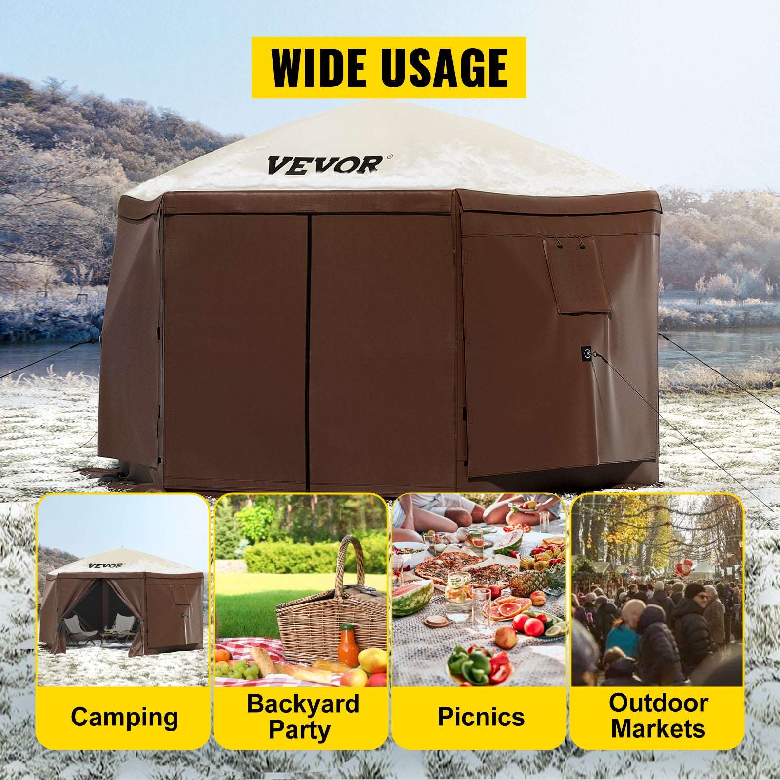 Pop-Up 6-Sided Camping Gazebo Tent with Screen & Wind Panels-12x12ft / france