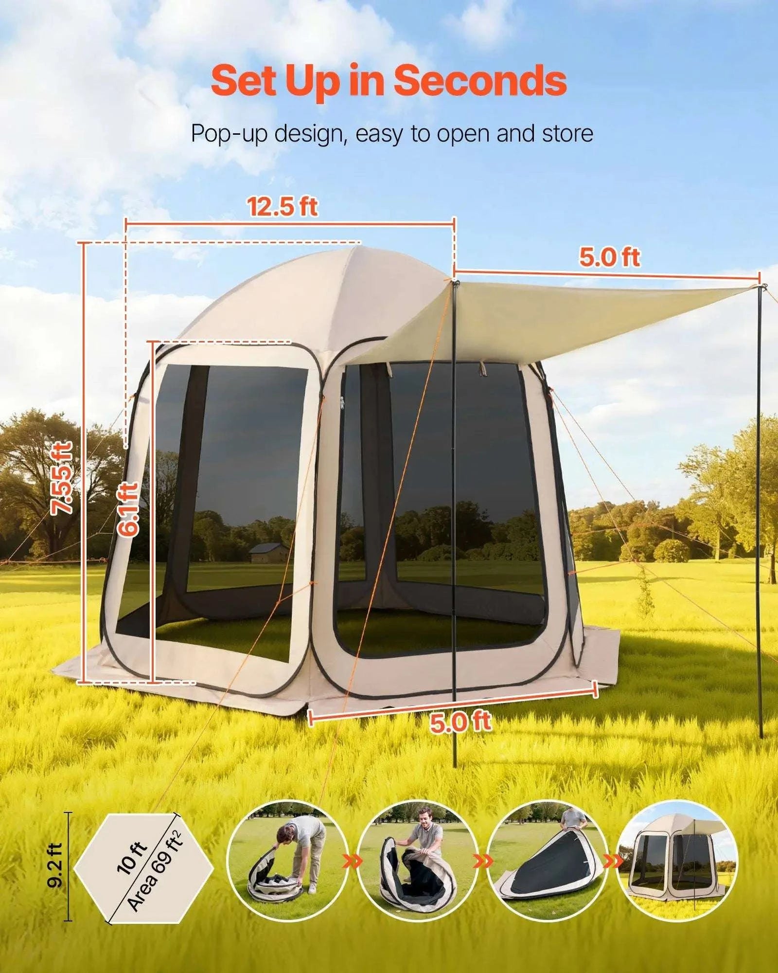 Pop Up Screen House Tent 10x9.2 ft with Awning for 4-8 People-United States