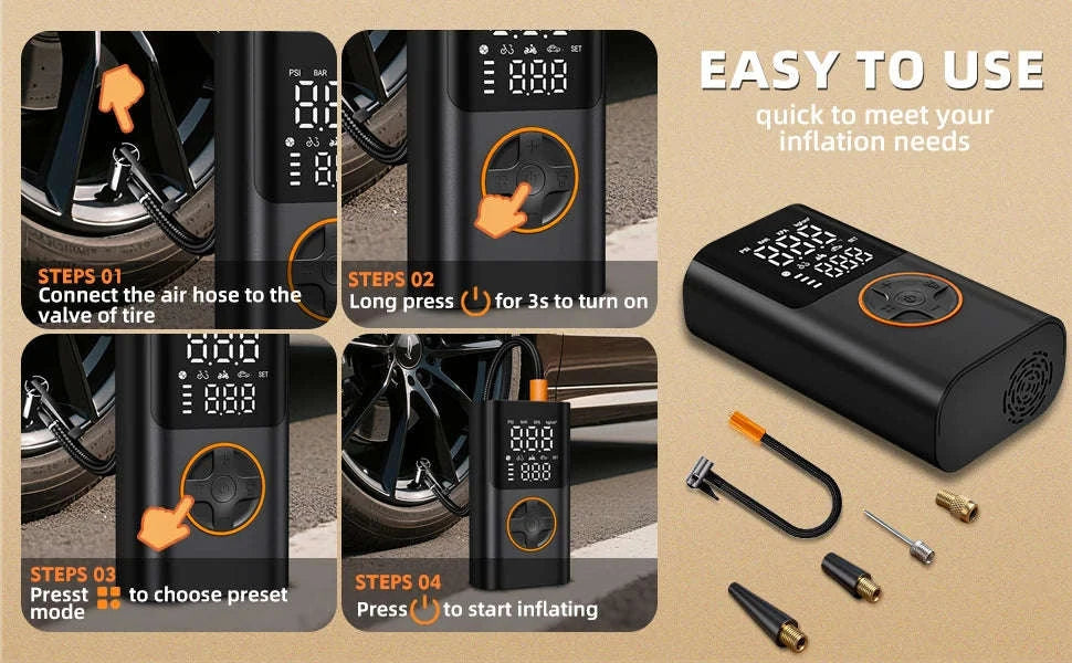 Portable 150PSI Tire Inflator Air Pump with Power Bank & LED Light-black / United States