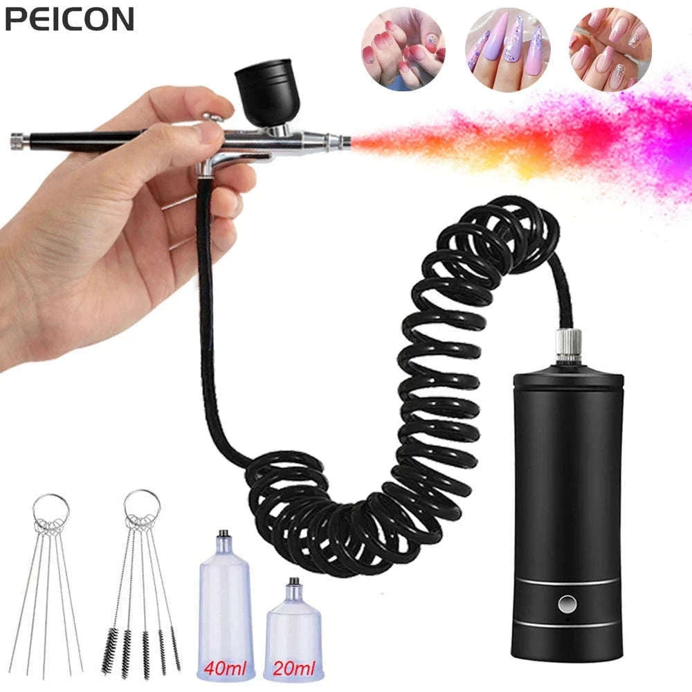 Portable Airbrush Nail Art Compressor Kit with 0.3mm Nozzle-Pink
