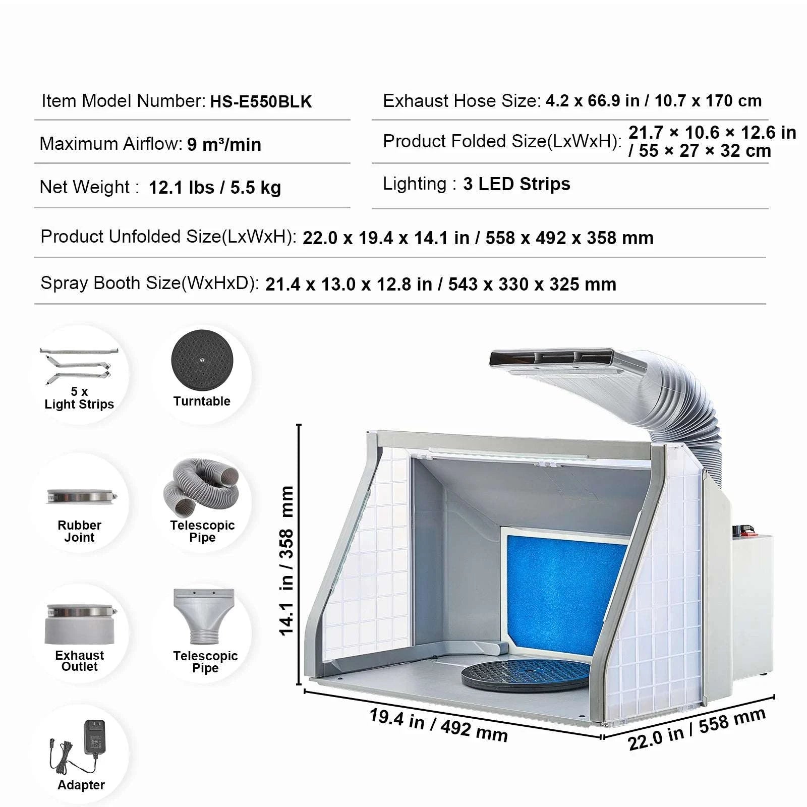 Portable Airbrush Spray Booth with Dual Fans, LED Lights & Hose-42cm / United States