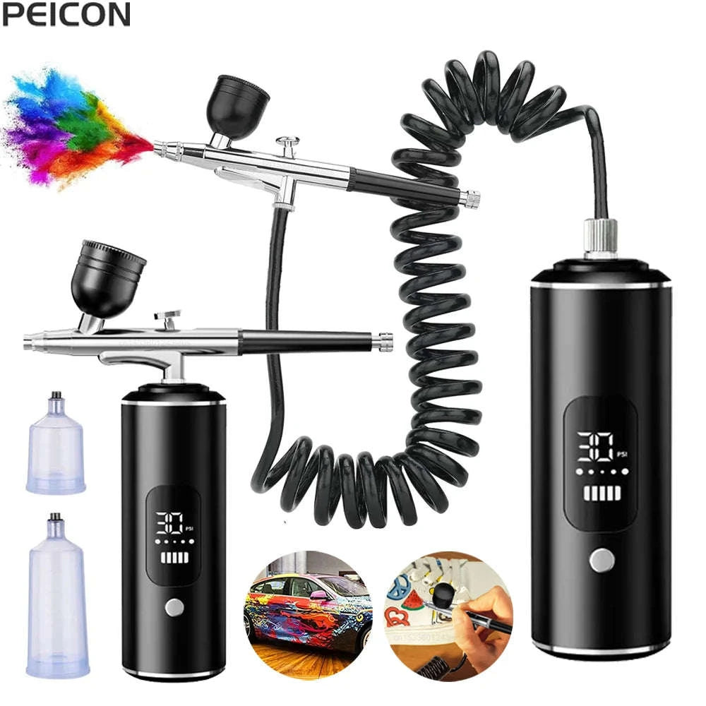 Portable Airbrush Spray Gun with Built-In Compressor-Black
