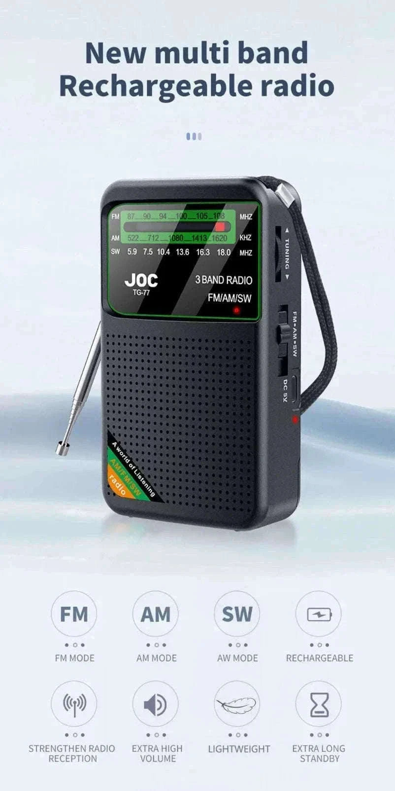 Portable AM FM SW Radio with Rechargeable Battery & Clear Display-TG66 Gold