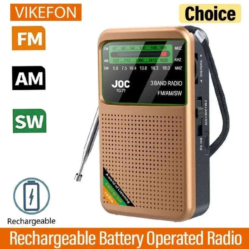 Portable AM FM SW Radio with Rechargeable Battery & Clear Display-TG66 Gold