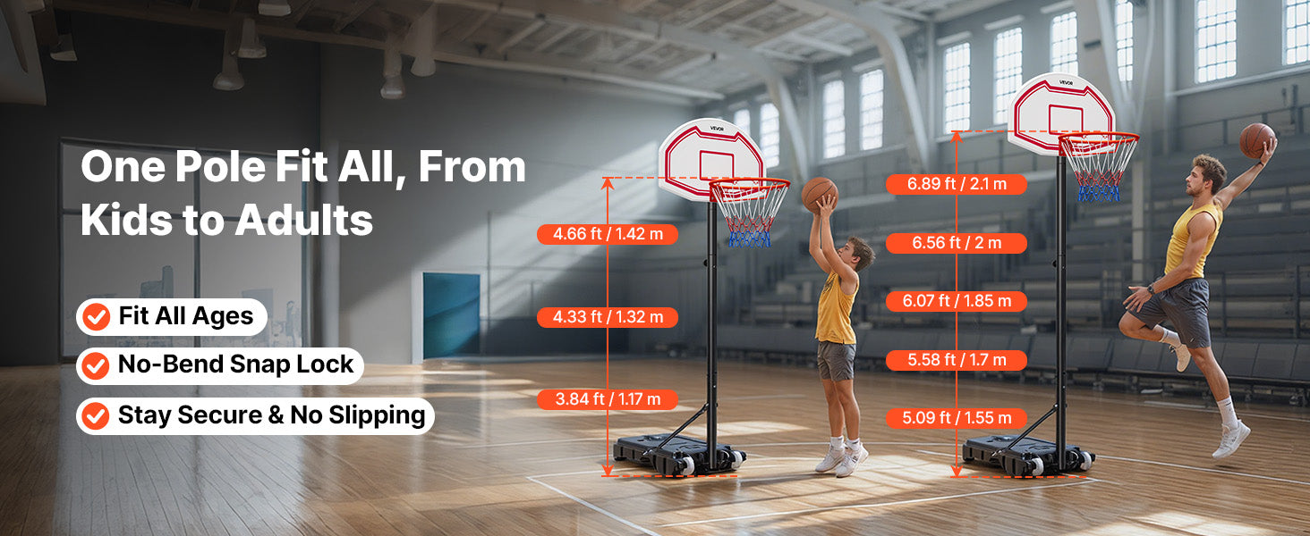 Canestro da basket portatile regolabile 5,2–6,9 ft con ruote