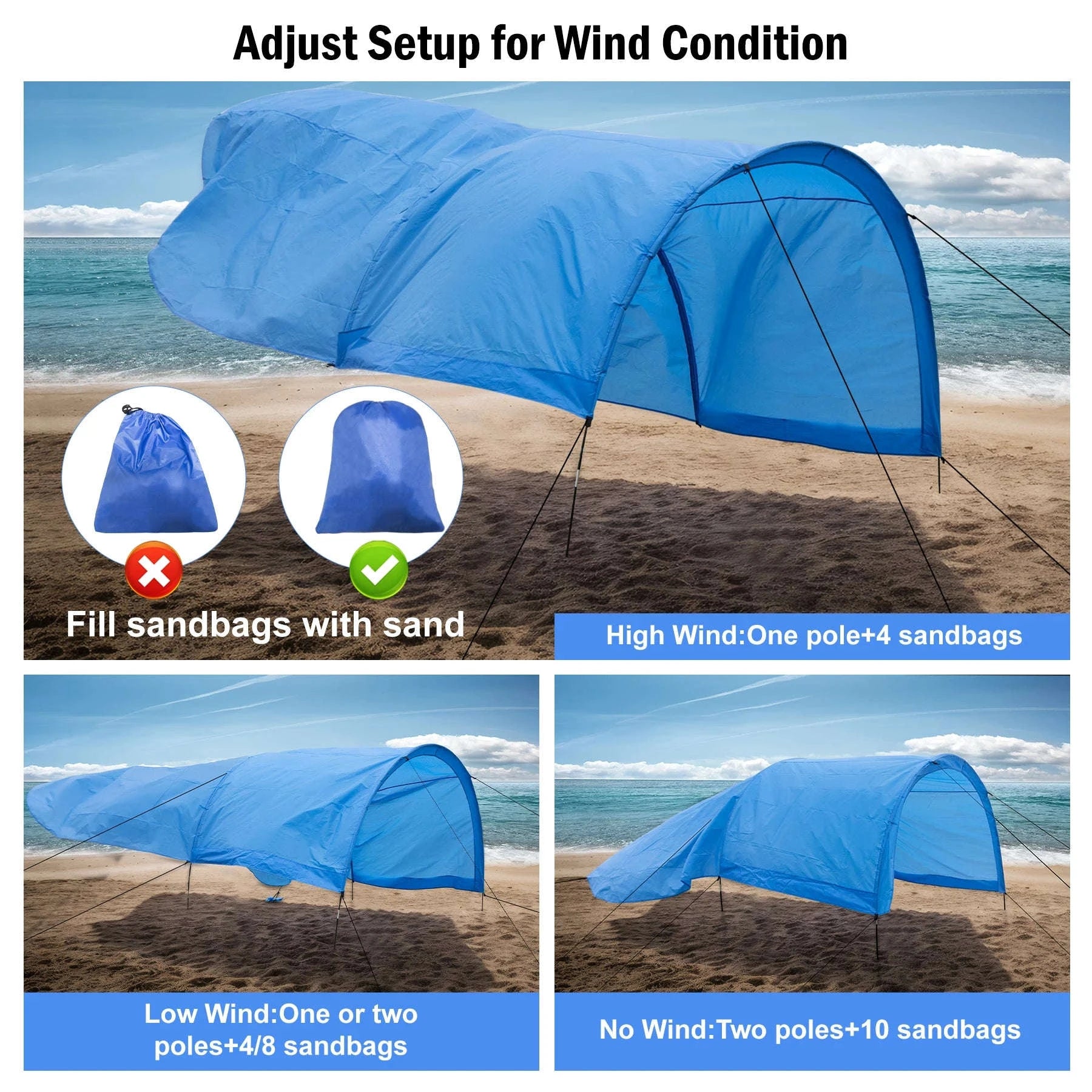 Portable Beach Sun Shelter for 4-8 People, 200 Sq. Ft.-Blue