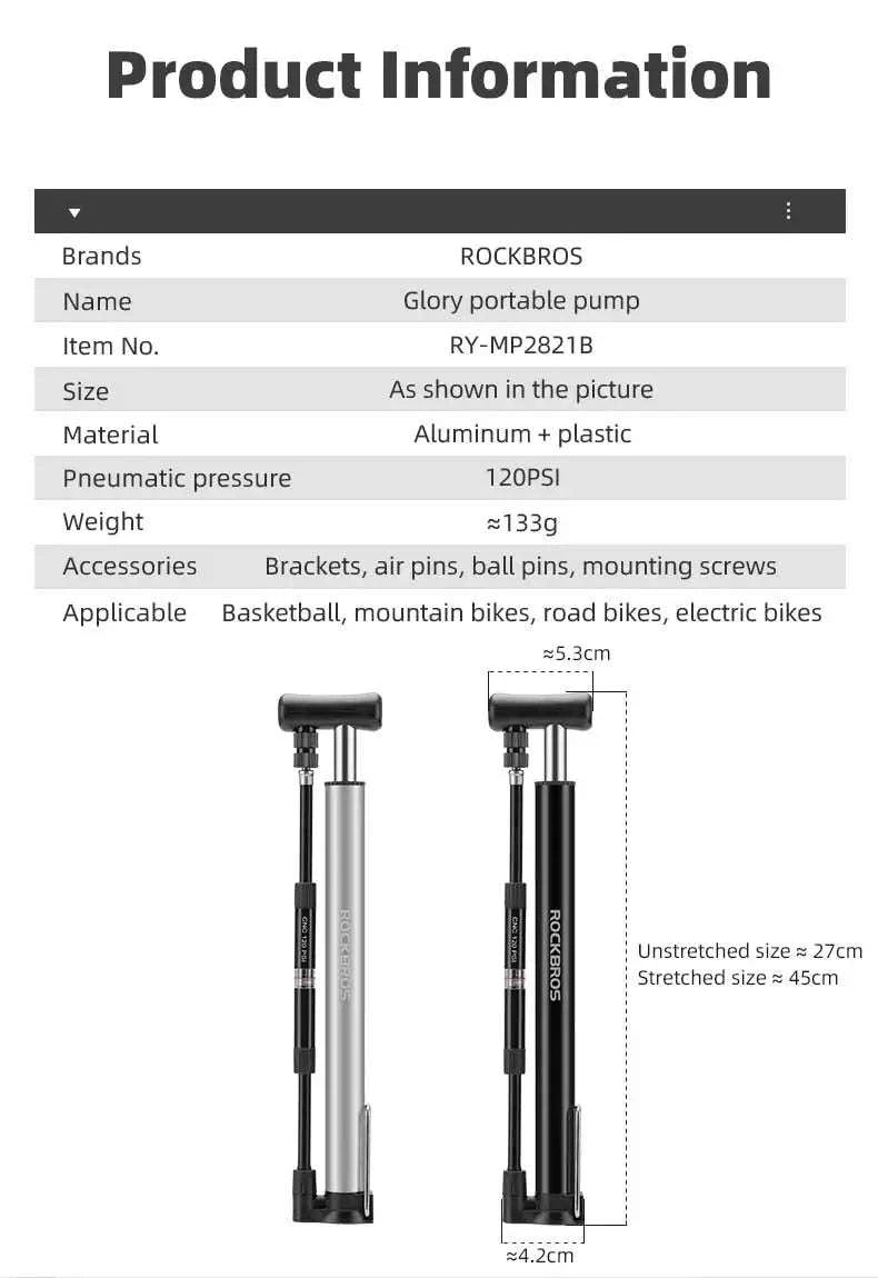 Portable Bike Pump 120 PSI with Gauge for Presta & Schrader Valves-42322821 Black