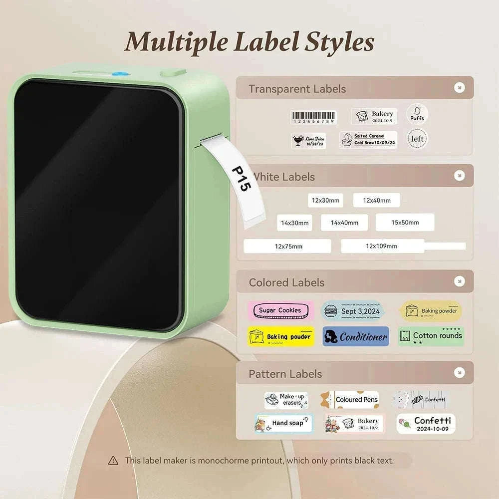 Portable Bluetooth Thermal Label Maker with App Control and Ink-Free Printing-P15 Matcha tea color
