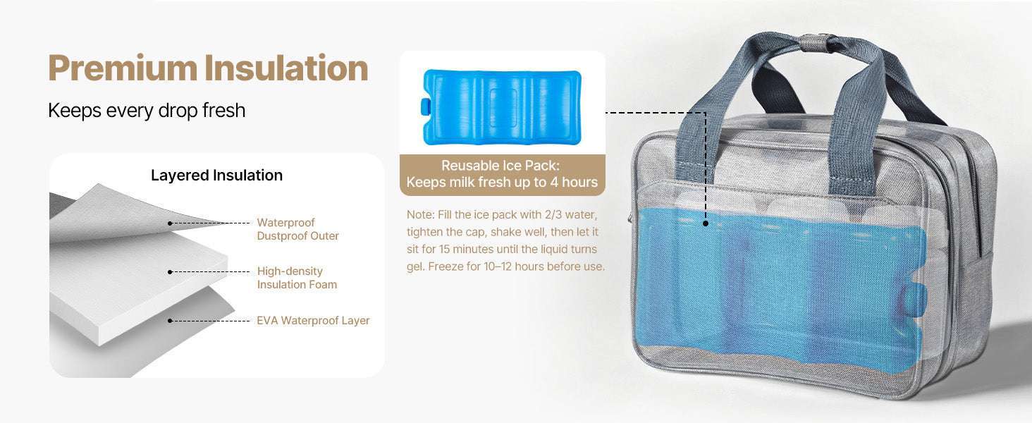 Portable Breast Pump Bag with Ice Pack & Insulated Storage-Grey / United States