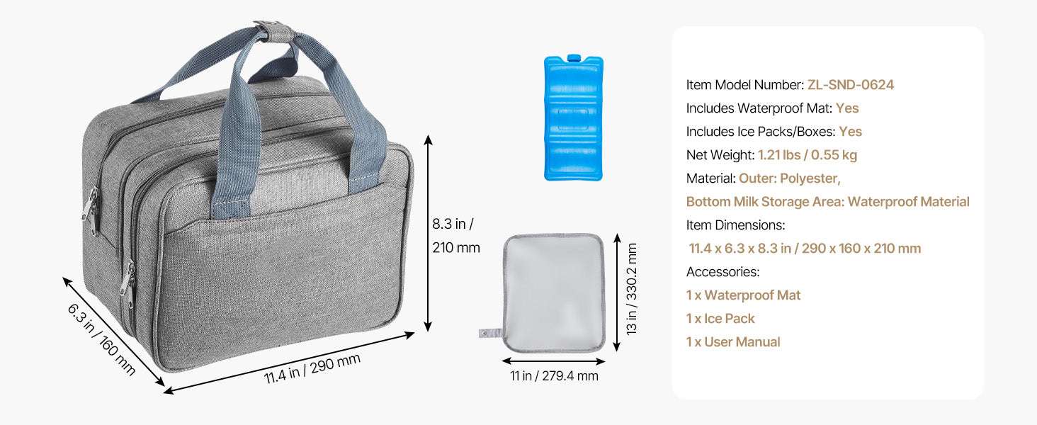 Portable Breast Pump Bag with Ice Pack & Insulated Storage-Grey / United States