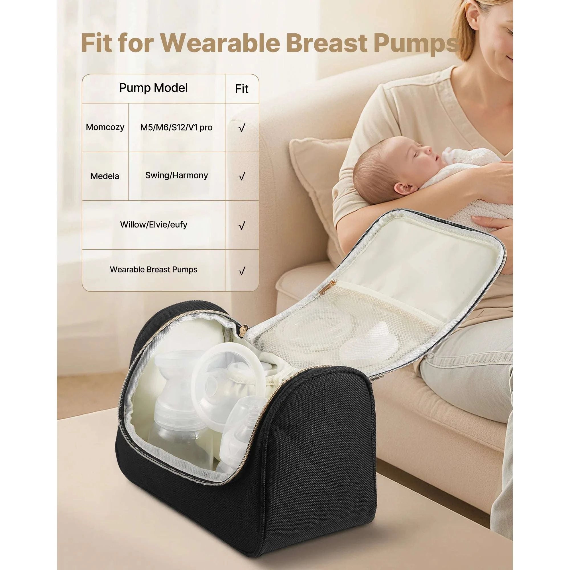 Portable Breast Pump Bag with Insulated Storage & Waterproof Mat-Black / United States