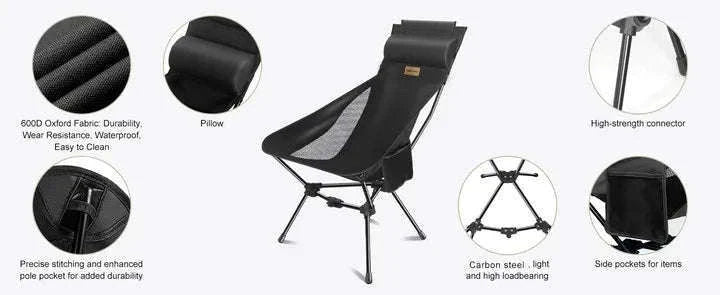 Portable Camping Chair with Headrest, 330 lb Folding Seat-Aluminum Black