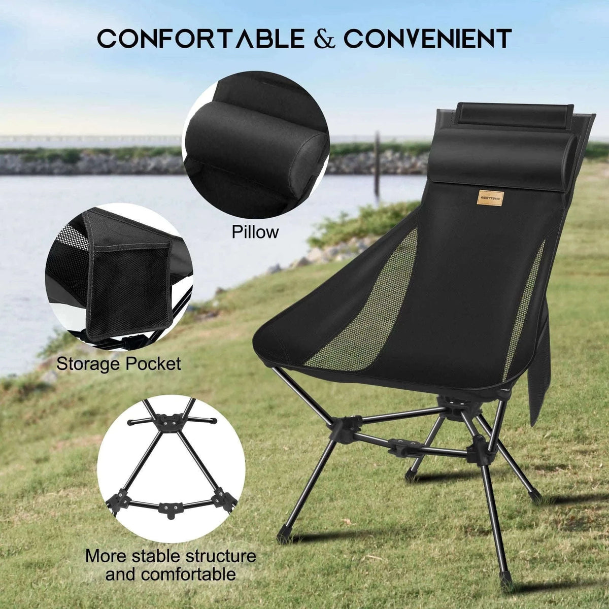 Portable Camping Chair with Headrest, 330 lb Folding Seat-Aluminum Black